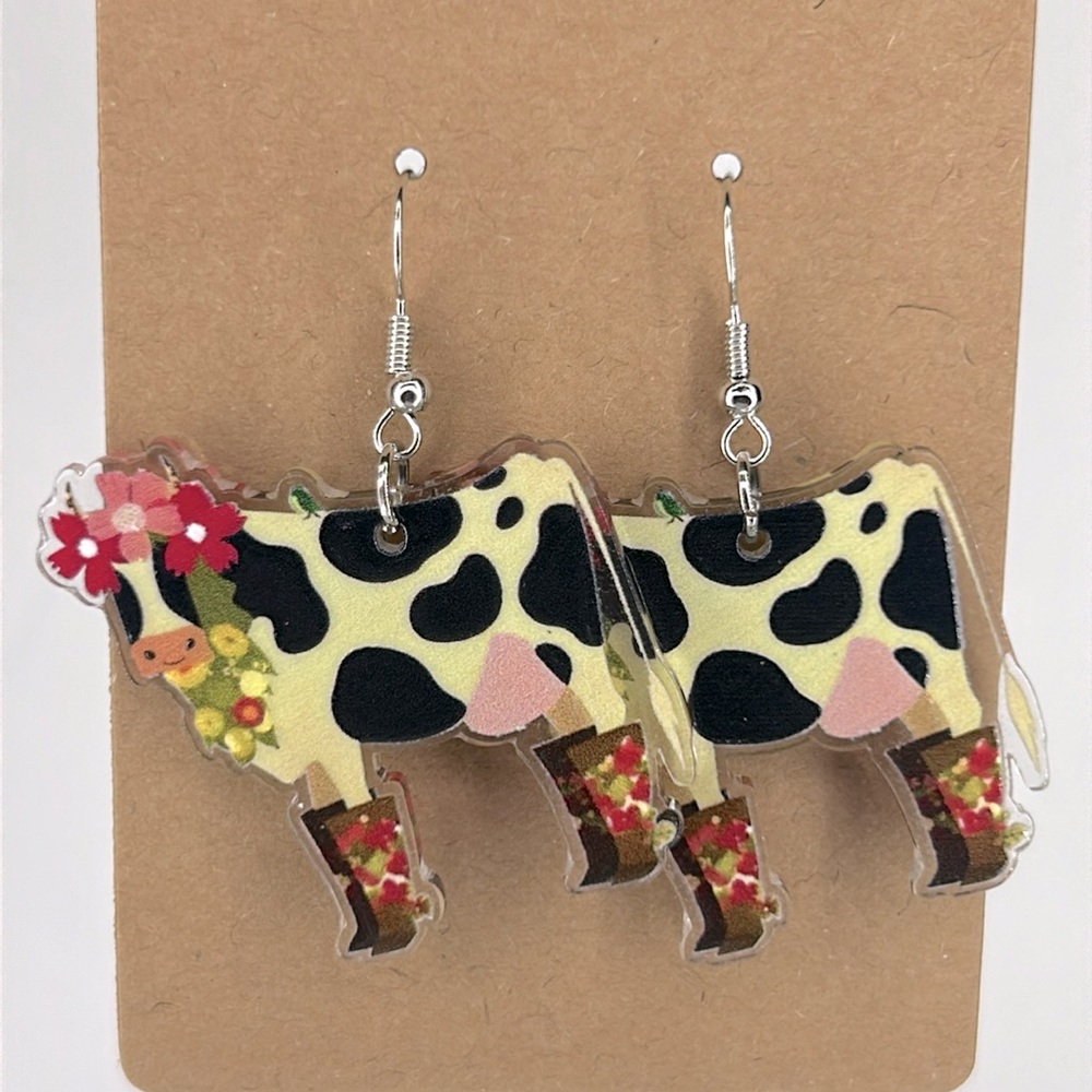 Cute Colorful Cow Dangle 2D Acrylic Earrings  Fashion Jewelry - Picture 4 of 4